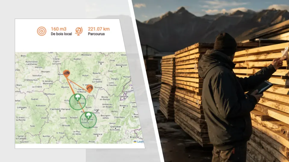 Une tablette affiche le tracé d’un approvisionnement BoisLocal, 160 m³ de bois local et 221 km parcourus, devant les piles de sciages d’une scierie de montagne
