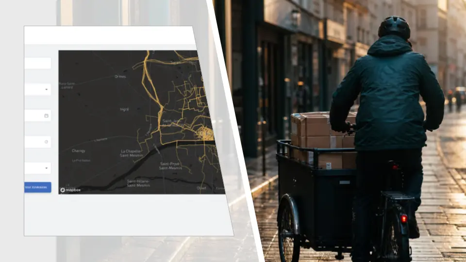 Une tablette affiche le suivi des flux de livraisons de ColisActiv’ et sa carte du territoire, tenue devant un livreur à vélo cargo dans une rue commerçante