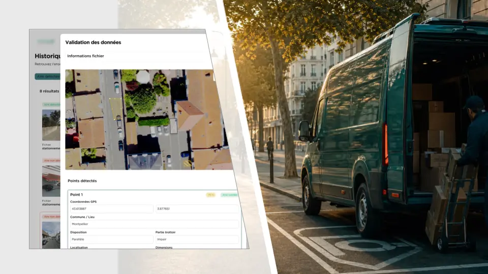 Une tablette affiche l’écran de validation des points détectés par DALIA sur une vue aérienne, devant un utilitaire en cours de déchargement sur une aire de livraison