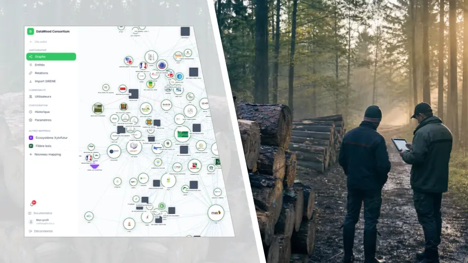 Une tablette affiche la cartographie des acteurs raccordés à DataWood, tenue devant des grumes empilées en lisière de forêt