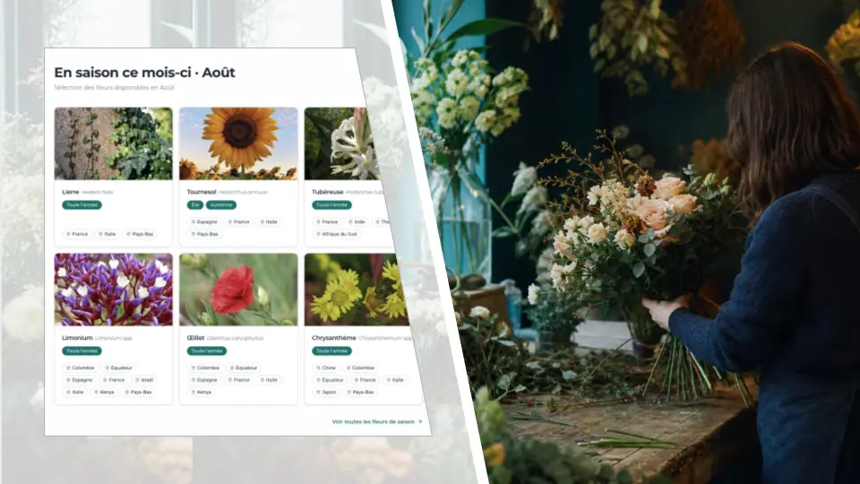 Une tablette affiche le catalogue Florigin des fleurs de saison avec leurs origines et leurs labels, dans l’atelier d’une fleuriste en train de composer un bouquet