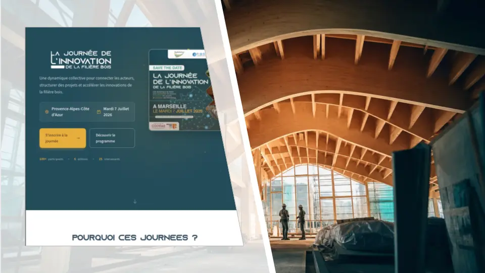 Une tablette affiche la page d’accueil du site des Journées de l’Innovation de la filière bois, sous la charpente en lamellé-collé d’un bâtiment en chantier
