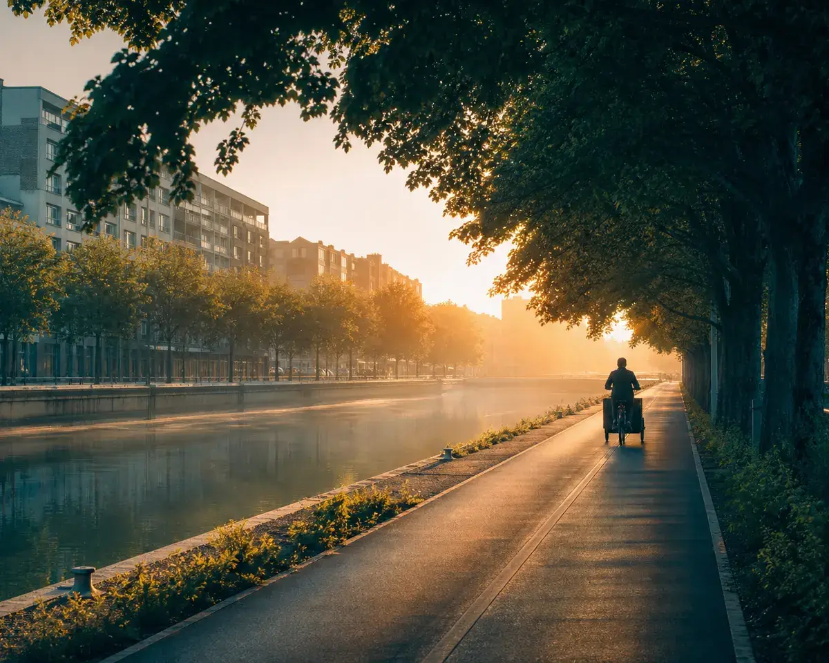 Une piste cyclable arborée longe un canal urbain au lever du soleil, un vélo cargo au loin.