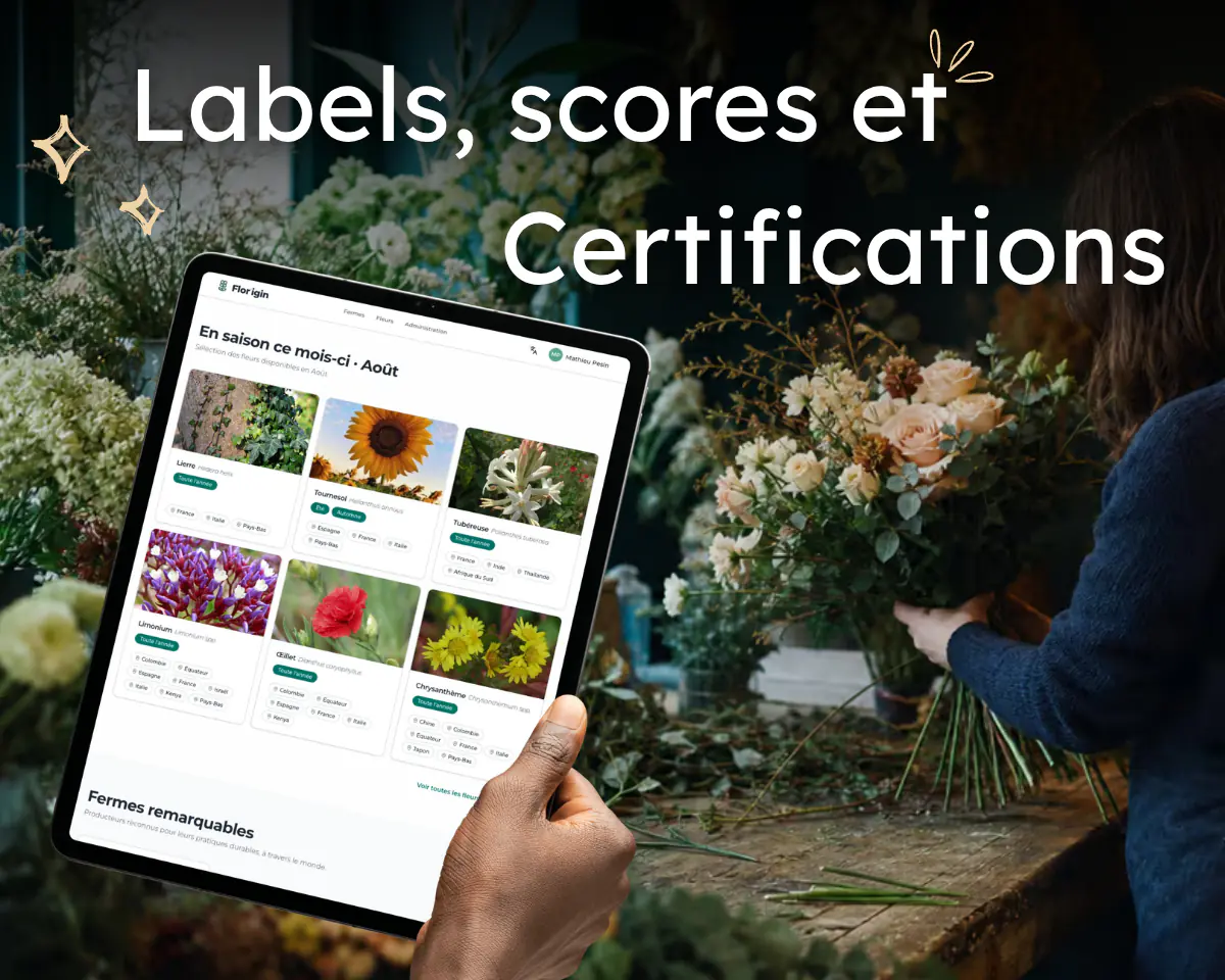 « Labels, scores et certifications » : une tablette affiche un catalogue de fleurs de saison avec leurs origines et leurs labels, devant une fleuriste composant un bouquet dans son atelier.