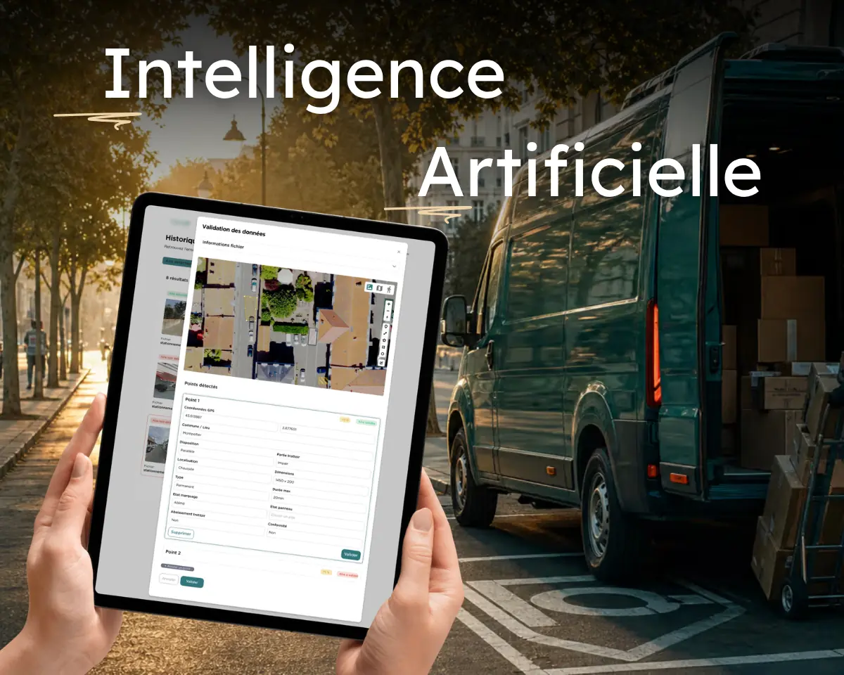 « Intelligence artificielle » : une tablette affiche la validation humaine de points détectés automatiquement sur une vue aérienne, devant un utilitaire de livraison ouvert sur une avenue arborée.