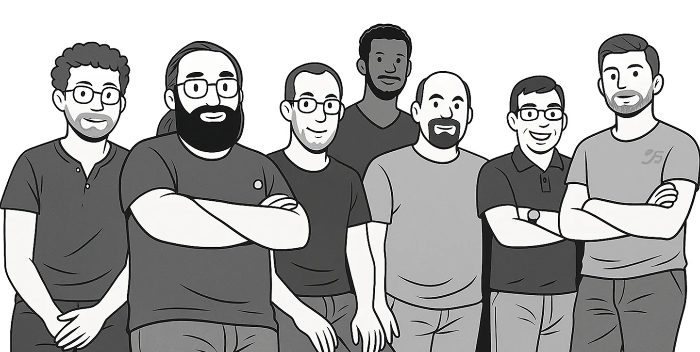 Portrait illustré de l'équipe Kosmio : sept personnes réunies côte à côte.