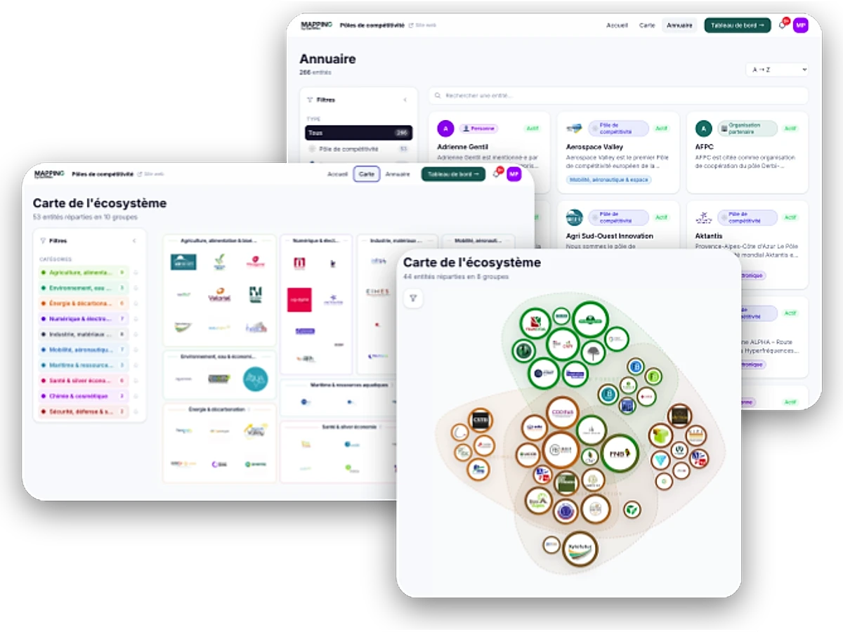 Interface de Mapiko : graphe interactif des acteurs d'une filière, avec les organisations reliées entre elles.